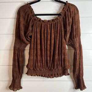 Glam Dark Brown Shiny Textured‎ Off Shoulder Elastic Waist Crop Top. Size Small.